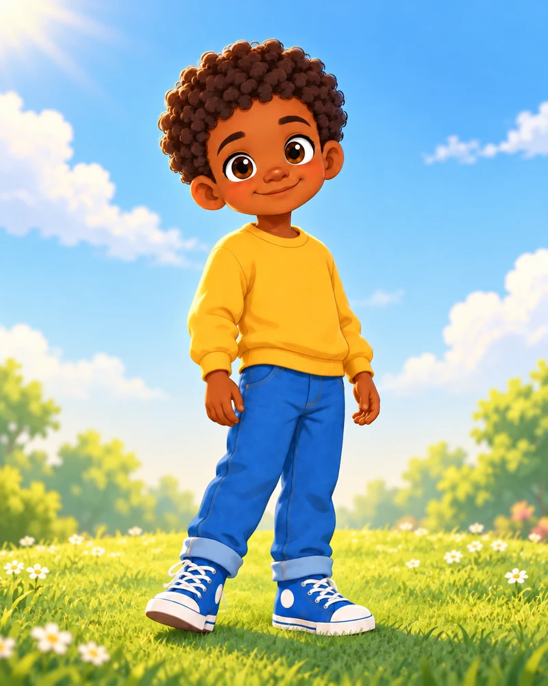 Aiden smiling in his yellow sweater and blue jeans, standing on the grass with both hands relaxed at his sides.