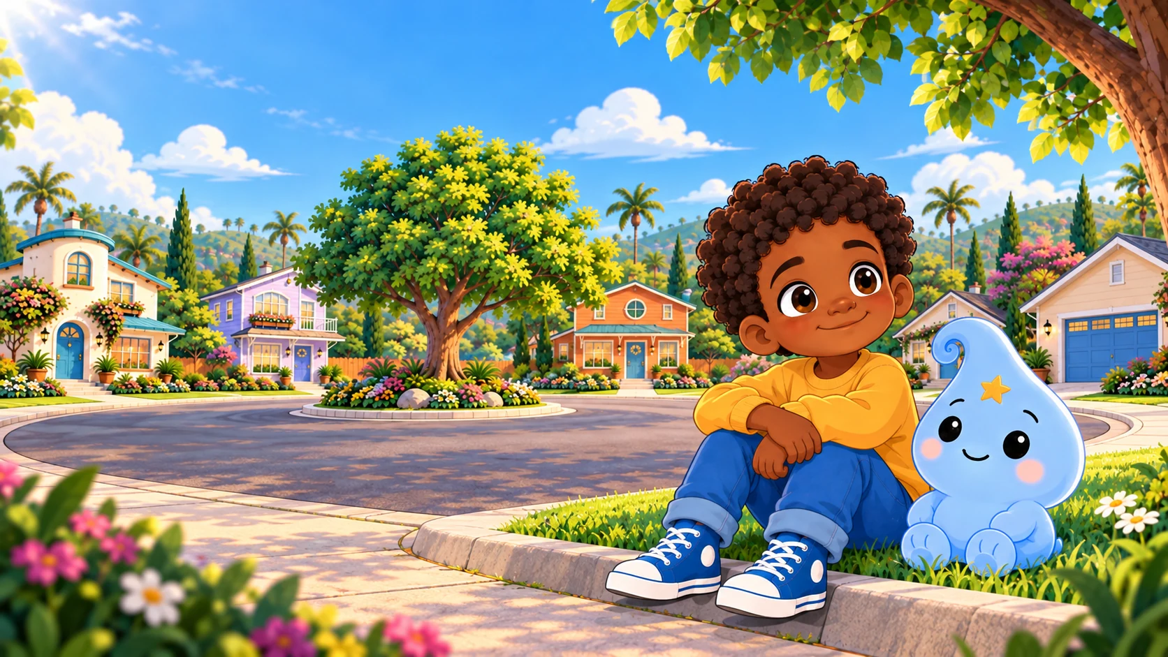 Aiden and Wonder sitting together on the curb in the LTW cul-de-sac, with its large center tree, lavender house, cream-and-teal home, and colorful neighboring houses.